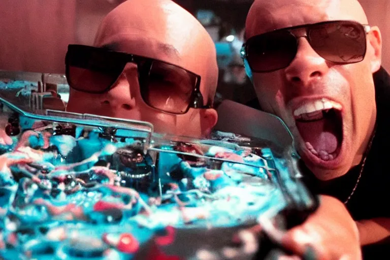 Image similar to pitbull taking a selfie with a fan while trapped in a pinball machine, submerged in goo, in 1 9 8 5, y 2 k cybercore, industrial low - light photography, still from a kiyoshi kurosawa movie