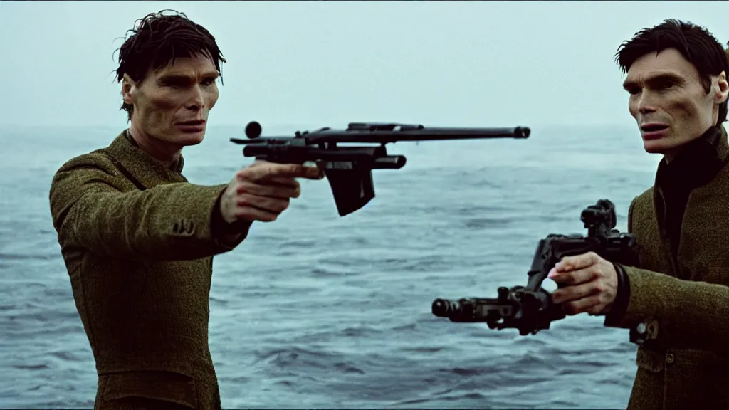 Image similar to photo of Cillian Murphy holding a Thompson, coming out of the ocean, extreme detailed face, spaceship far on the background, film still from the movie directed by Denis Villeneuve with art direction by Zdzisław Beksiński, wide lens