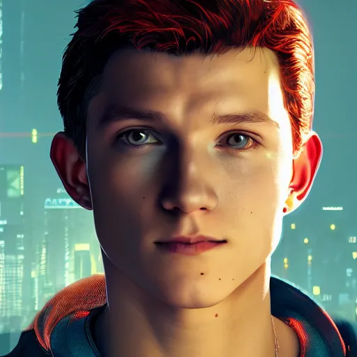 Prompt: tom holland jr portrait, Cyberpunk 2077, cyberpsycho, photorealistic, ultra detailed, neon, octane, bokeh, cyber, cyberpunk city, feature, scars, cyberface, 8k