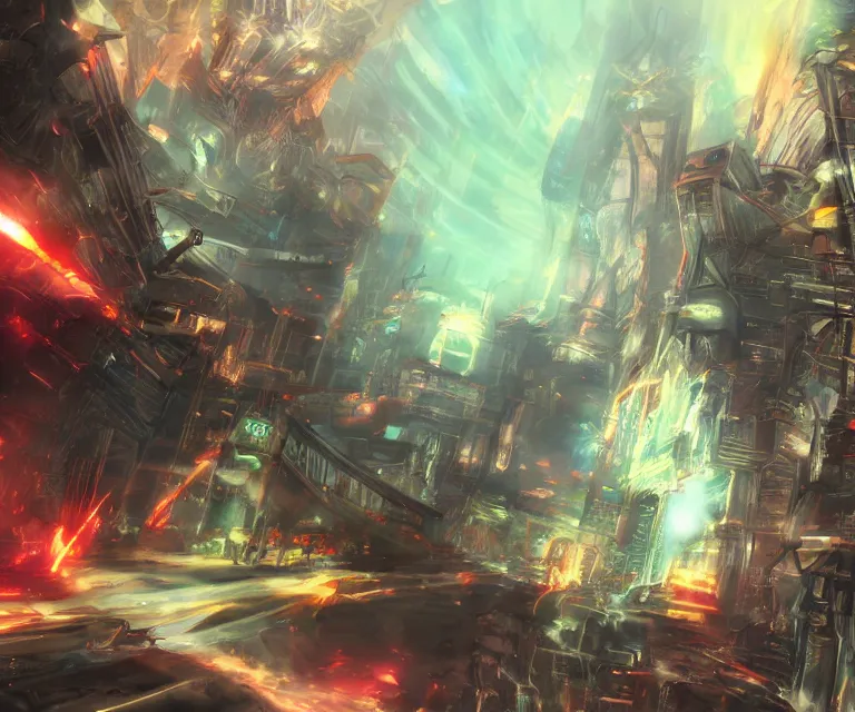 Prompt: neo tokyo, high fantasy, xenoblade chronicles, concept art, video game, phoenix flames