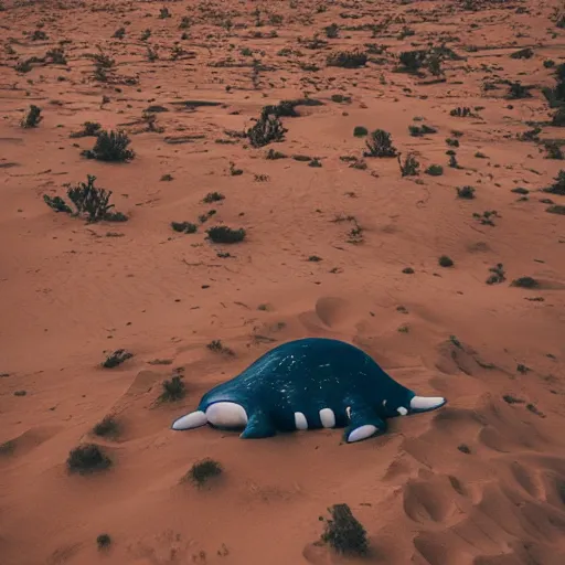 Prompt: 🐋 🦑🤖🦖🐙 👽 🐳 in desert, photography