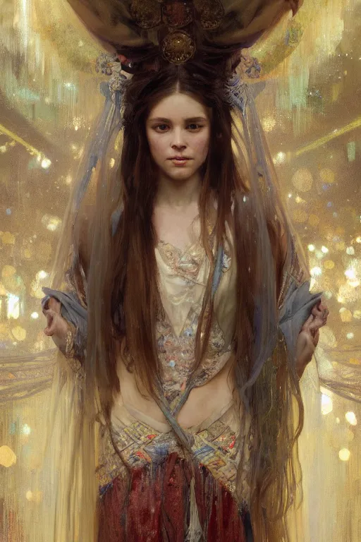 Image similar to hyperrealist portrait of a girl emperorit is decorated with long robes that fall like stars. by jeremy mann and alphonse mucha, fantasy art, photo realistic, dynamic lighting, artstation, poster, volumetric lighting, very detailed faces, 4 k, award winning