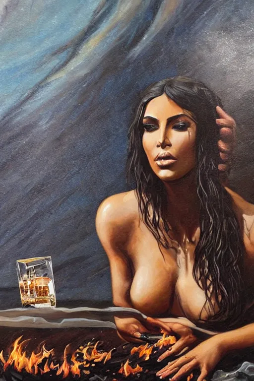 Prompt: a dramatic, epic, ethereal painting of a !!!gorgeous!!! kim kardashian sweating and oily offering a whiskey bottle | she is a cowgirl relaxing by a campfire | background is a late night with food and jugs of whisky | cute | stars, tarot card, art deco, art nouveau, mosaic, intricate | by Mark Maggiori (((and Alphonse Mucha))) | trending on artstation