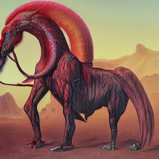 Image similar to painting of a hybrid between a horse and mandrill, in the style of wayne barlowe