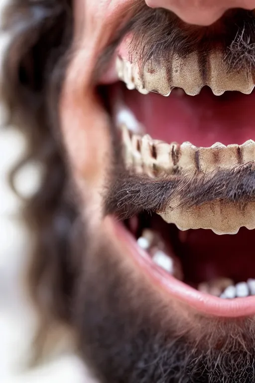 Prompt: caveman smiling wide showing off his braces, highly detailed, portrait, 1 5 0 mm f 2. 4, hasselblad