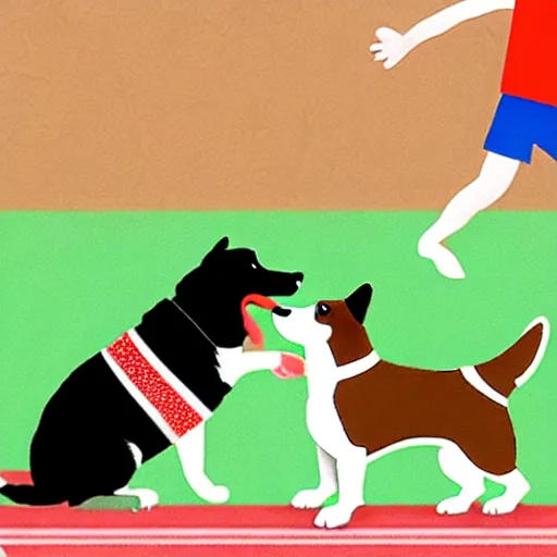 Image similar to illustration of french boy playing football with a corgi wearing a polka dot scarf in paris