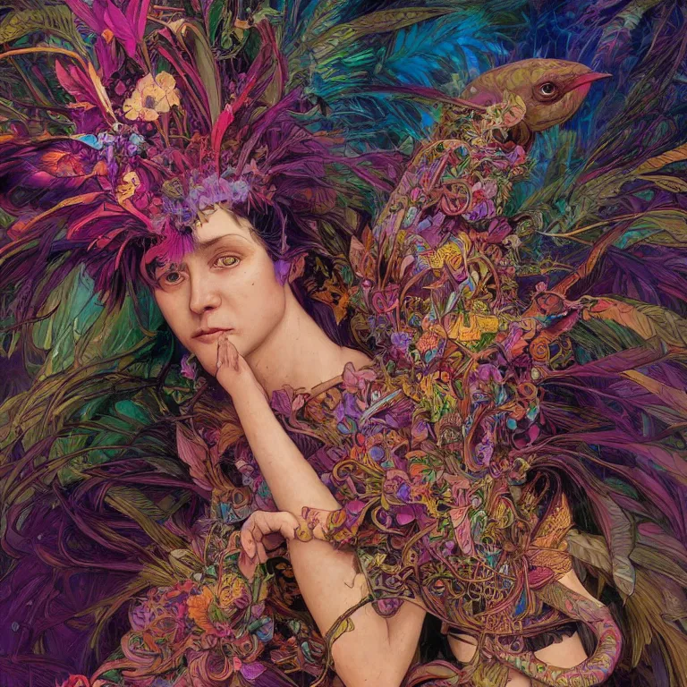 Image similar to A reality bending psychedelic ayahuasca experience, colorful, distorted, surreal, tropical bird feathers, dramatic lighting on the face, intricate, elegant, highly detailed, digital painting, concept art, smooth, sharp focus, illustration, art by Krenz Cushart and Wayne Barlowe and alphonse mucha