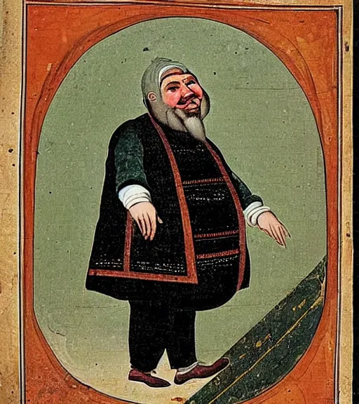 Image similar to 1 8 th century ottoman illustration of a bearded obese charlatan who is a quack with a nasty smile on his face, highly detailed