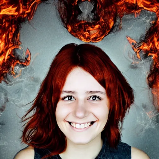 Prompt: a choppy red haired brown eyed teenage girl surrounded by rings of flames and wisps of fire smiling maliciously.