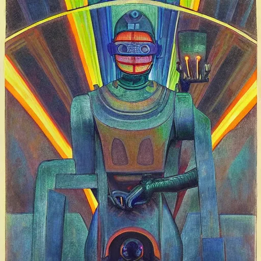 Prompt: the crow in her robot mask stands on the lawn, by annie swynnerton and kit williams and diego rivera and leo and diane dillon and nicholas roerich, symbolist, dramatic lighting, elaborate geometric ornament, art brut, god rays, soft cool colors, smooth, sharp focus, extremely detailed