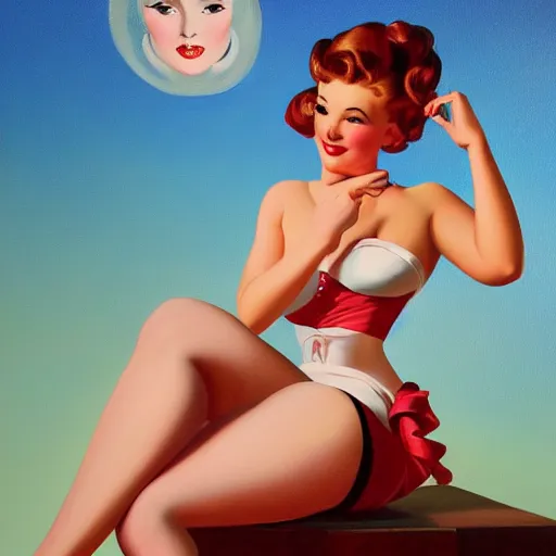 Image similar to a painting in the style of gil elvgren and in the style of james jean.