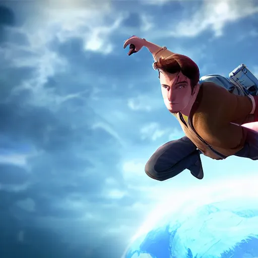 Prompt: developer hero with laptop flying to save the world, photorealistic, dramatic cinematic