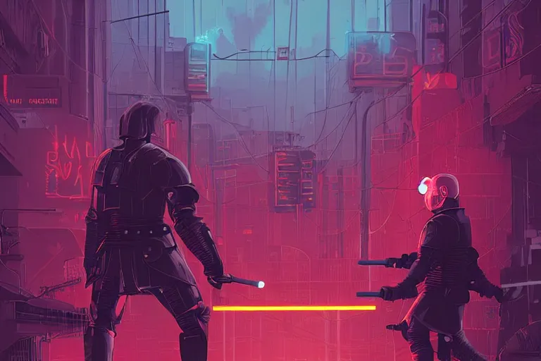 Prompt: jaime lannister and brienne of tarth fighting a thousand neon zombies with lightsabers, cyberpunk art by james gilleard, cgsociety, retrofuturism, synthwave, retrowave, outrun