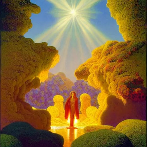 Image similar to a portal to another world glowing!!! with colorful kaleidoscopic light magic. detailed. rule of thirds. intricate. sharp focus. wide angle. unreal engine 8 k. painting by maxfield parrish. wlop. greg rutkowski.