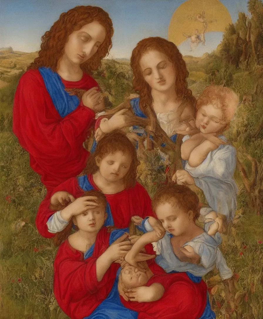 Prompt: Detailed Portrait of Madonna, curly red hair red shirt blue cloth, with infant Jesus, holding a thin cross and talking with another boy in front in the style of Raffael. They are sitting in a dried out meadow trees near Florence tuscany, red poppy in the field. The horizon is blue, there is a blue lake with a town and blue mountains. Flat perspective.