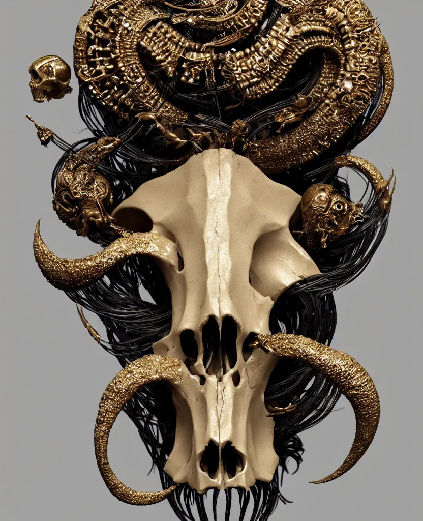 Image similar to goddess princess face close-up portrait ram skull. sculpture made of black clay and gold. jellyfish phoenix head, nautilus, orchid, skull, betta fish, bioluminiscent creatures, intricate artwork by Tooth Wu and wlop and beeple. octane render, trending on artstation, greg rutkowski very coherent symmetrical artwork. cinematic, hyper realism, high detail, octane render, 8k