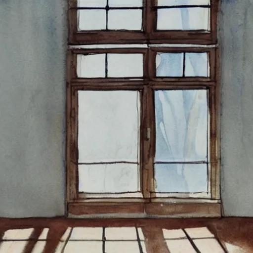 Prompt: person in pyjamas standing near window, sun rays, daylight, big french door window, big spatious room, 2 4 mm, wooden floor, modern, pastel palette, winter sun, photorealistic, high ceiling, watercolor painting