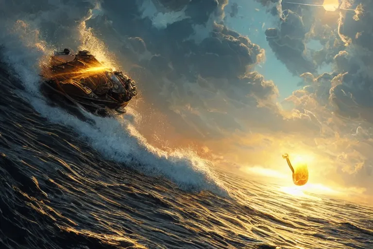 Image similar to detailed intricate digital illustration by greg rutkowski and artgerm and wlop and sanford robinson gifford ; nuclear bomb radiating bright, blinding lens flare across the horizon of a serene ocean, beautiful, glistening water and waves ; 1 3 mm film, arri alfa anamorphic lens, golden hour lighting ; sharp focus ; trending on artstation 8 k