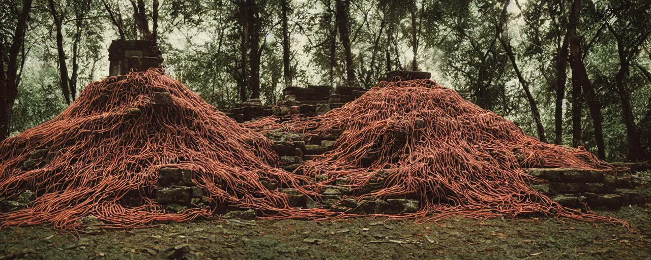 Image similar to an ancient aztec temple in the middle of the forest covered in spaghetti and meatballs, with parmesan cheese, canon 5 0 mm, cinematic lighting, photography, retro, film, kodachrome