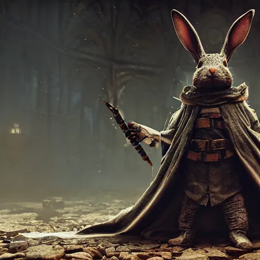 Prompt: rabbit as a dark souls boss art by mike winkelmann, power auras, sigils, tattered cloth robes, substance 3 d painter, pbr textures, physical based rendering, cinematic, hyper realism, high detail, octane render, unreal engine, 8 k, vibrant colors, smooth gradients, high contrast, depth of field, aperture