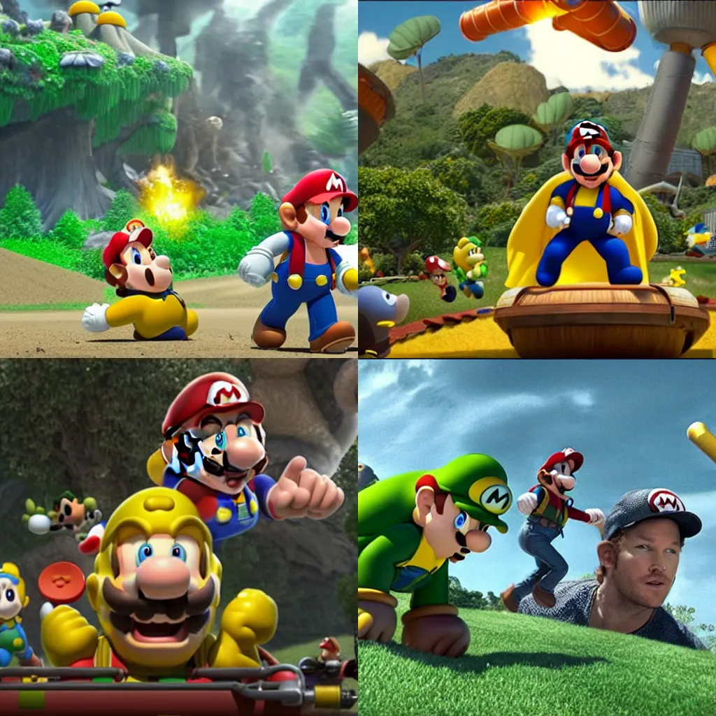 Prompt: film still of Chris Pratt writing a Mario hat and yellow cape, looking terrified, running from a CGI Bowser and his children, on a wooden airship, with giant plants sticking out of green pipes