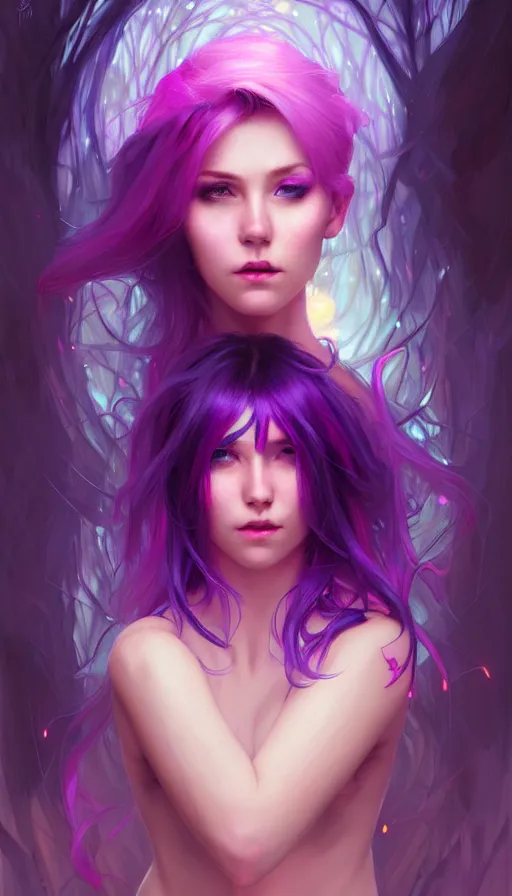 Image similar to stunningly beautiful female neon and purple hair, fantasy art, fae priestess, lush forest landscape, dark light night, goddess sharp focus, digital, painting, 8 k, concept art, art by wlop, artgerm, greg rutkowski and alphonse mucha