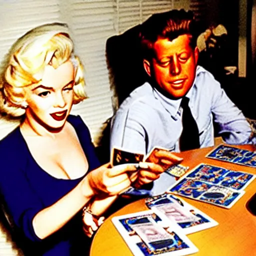 Image similar to marilyn monroe and jfk playing yu - gi - oh with dual disks