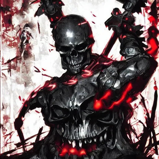 Prompt: skull wearing black knight armor creepy intimidating dragging red hot glowing sword by Yoji Shinkawa