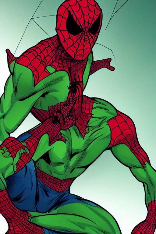 Image similar to a cross between spider man and green goblin