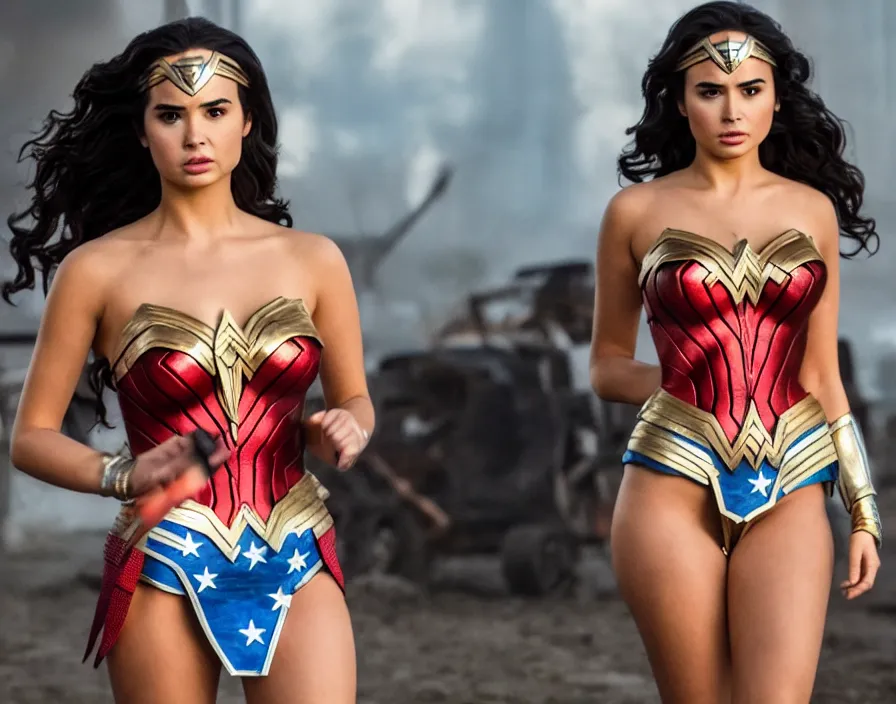 Image similar to movie still of demi rose wearing tube top from the movie wonder woman, directed by scott snyder, 4 k hd, oscar winning, high detail