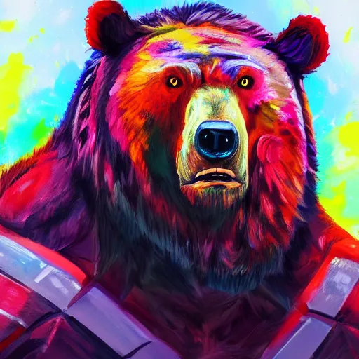 Image similar to a head and shoulder portrait of bear beast-man painted in the colorful and expressive style of Kotwdq, trending on Artstation 8k photorealistic