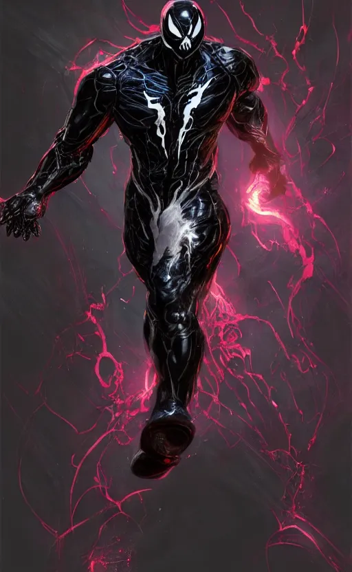 Image similar to venom in a venom inspired ironman suit, purple, black and red, dynamic lighting, photorealistic fantasy concept art, trending on art station, stunning visuals, terrifying, creative, cinematic