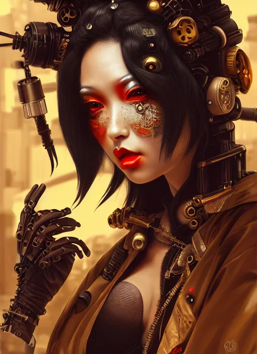Image similar to soft lustrous ebony geisha seductive raver gutter punk steampunk cyborg, yakuza, golden ratio, details, scifi, fantasy, cyberpunk city, intricate, decadent, highly detailed, octane render, digital painting, artstation, concept art, sharp focus, illustration, art by artgerm, loish, wlop
