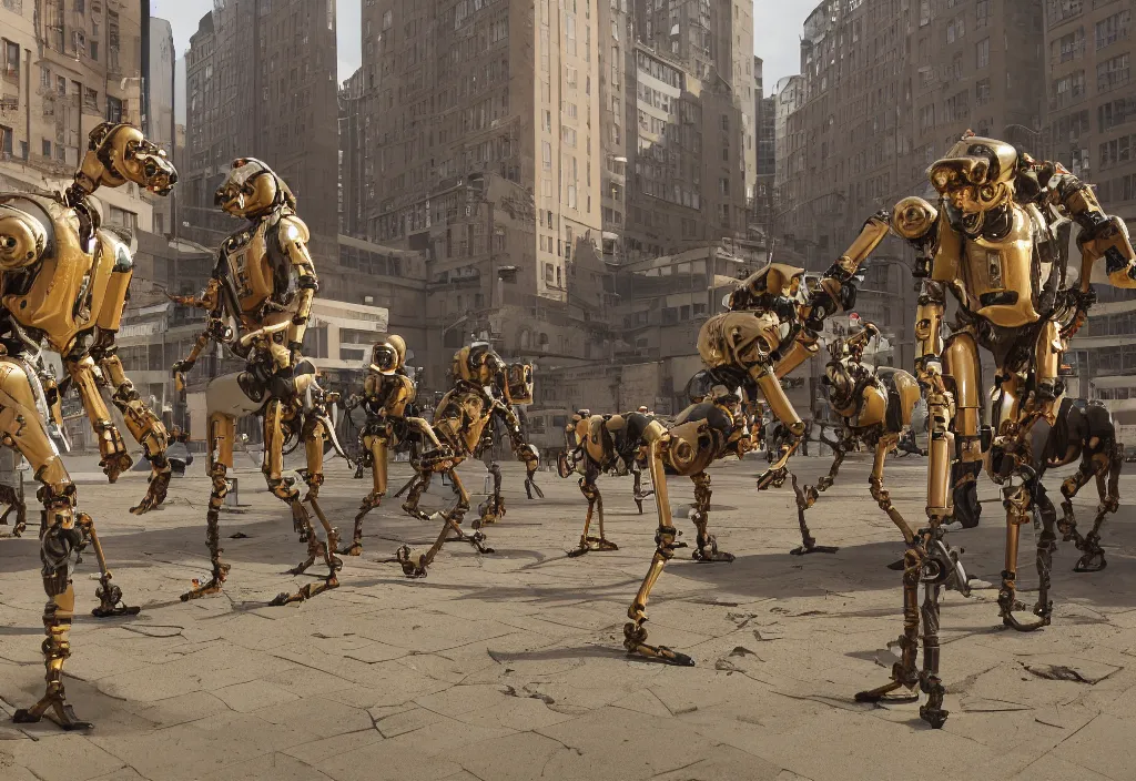 Image similar to accidentally wes anderson award - winning photograph of boston dynamics robots fighting with bureaucrats in suits in city ruins, epic battlescene, 4 k, detailed, art by greg rutkowsky, trending on artstation, cinematic lighting, filmic grain, golden hour, detailed, 4 k