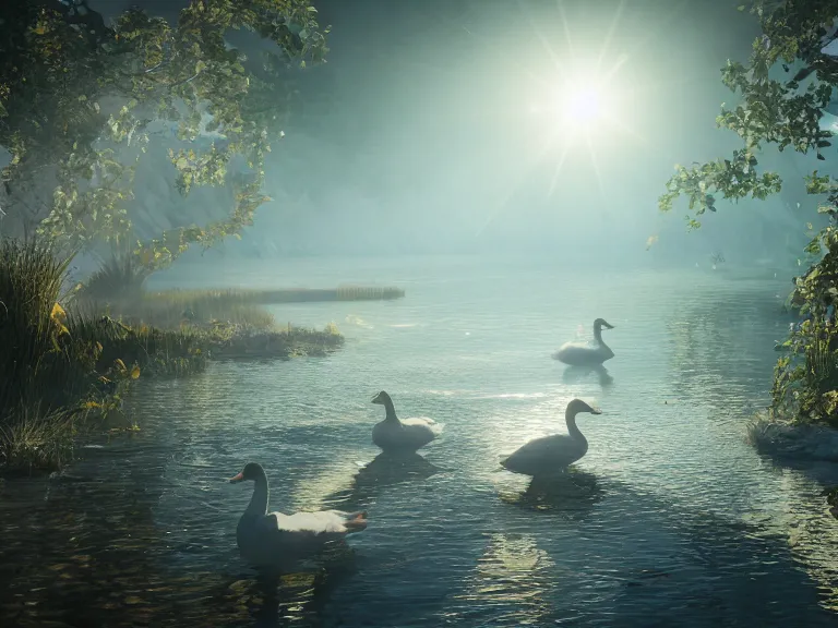 Image similar to geese dreaming of a place where love conquers all, 8 k, ultra realistic, lens flare, atmosphere, glow, detailed, intricate, full of colour, cinematic lighting, trending on artstation, 4 k, hyperrealistic, focused, extreme details, unreal engine 5, cinematic, masterpiece