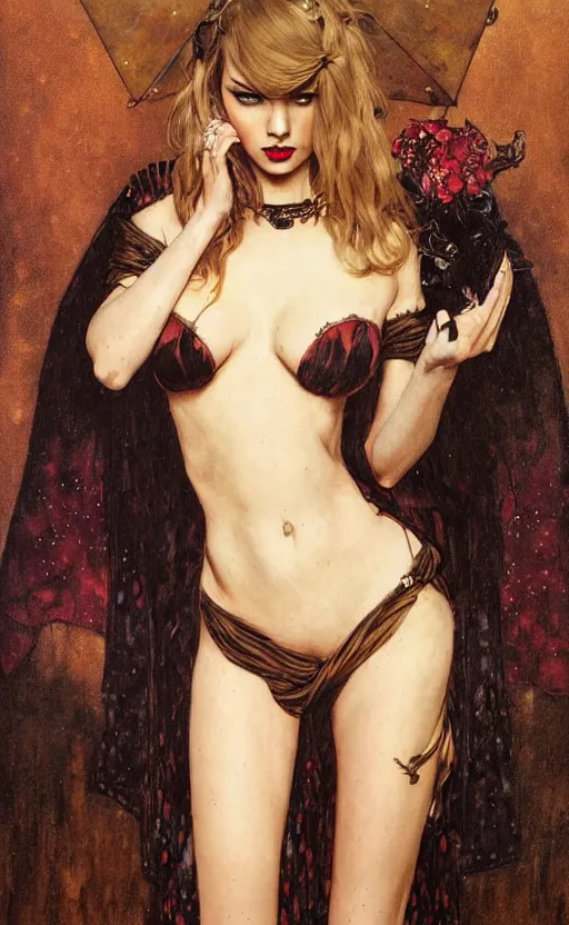 Image similar to full length portrait of a woman who is a mix of ana de armas and taylor swift, sorcereress using dark seduction magic, d & d, medieval, fantasy, royo, klimt, miro, vallejo, frazetta, alphonse mucha, greg rutkowski, whealan