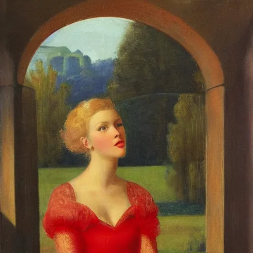 Prompt: portrait of a very attractive young russian blonde wearing a red dress looking towards a heavenly garden from the balcony of a palace