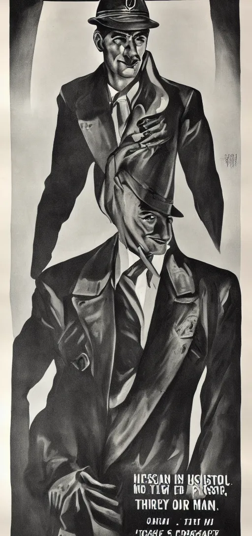 Image similar to portrait mistery man, 1940s propaganda poster, full hd,highly detailed