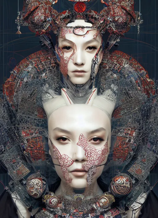 Image similar to portrait of a seductive cyberpunk geisha cyborg with headpiece, imari, sacred geometry, fractal, in the style of ghosts in the shell, intricate ornaments, elegant, highly detailed, digital photography, subsurface scattering, by jheronimus bosch and greg rutkowski,