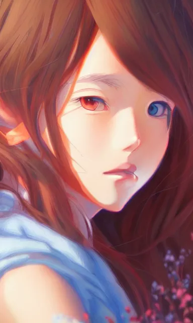 Image similar to a colorful scene of a girl with brown hair, anime, detailed background, female, portrait, trending on artstation, by studio ghibli and rossdraws