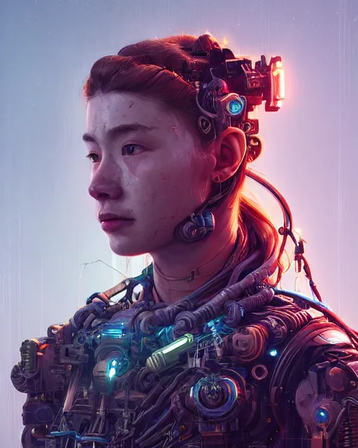 Image similar to portrait of Aloy as a cyborg. intricate abstract. intricate artwork. by Tooth Wu, wlop, beeple, dan mumford. octane render, trending on artstation, greg rutkowski very coherent symmetrical artwork. cinematic, hyper realism, high detail, octane render, 8k, iridescent accents