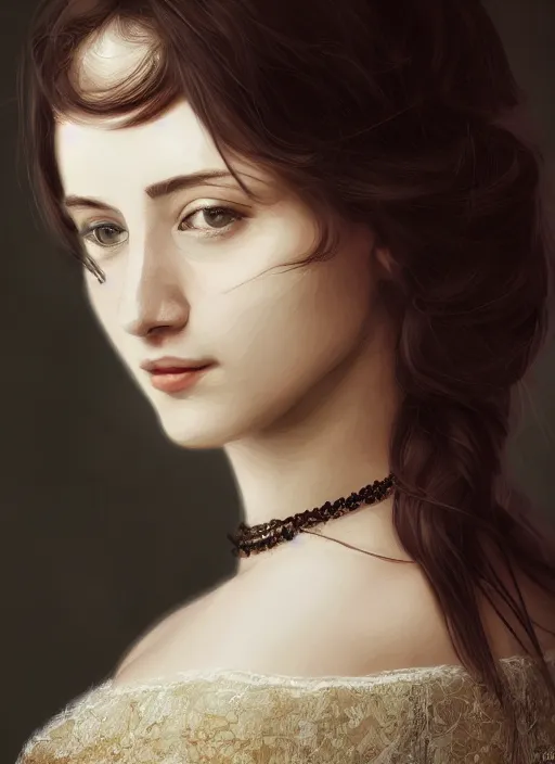 Prompt: a photograpic portrait of young woman, pride and prejudice, realistic, with kind face, dark hair, georgian dress, intricate, elegant, highly detailed, digital painting, smooth, sharp focus