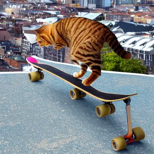 Prompt: cat flying over the city on a skateboard