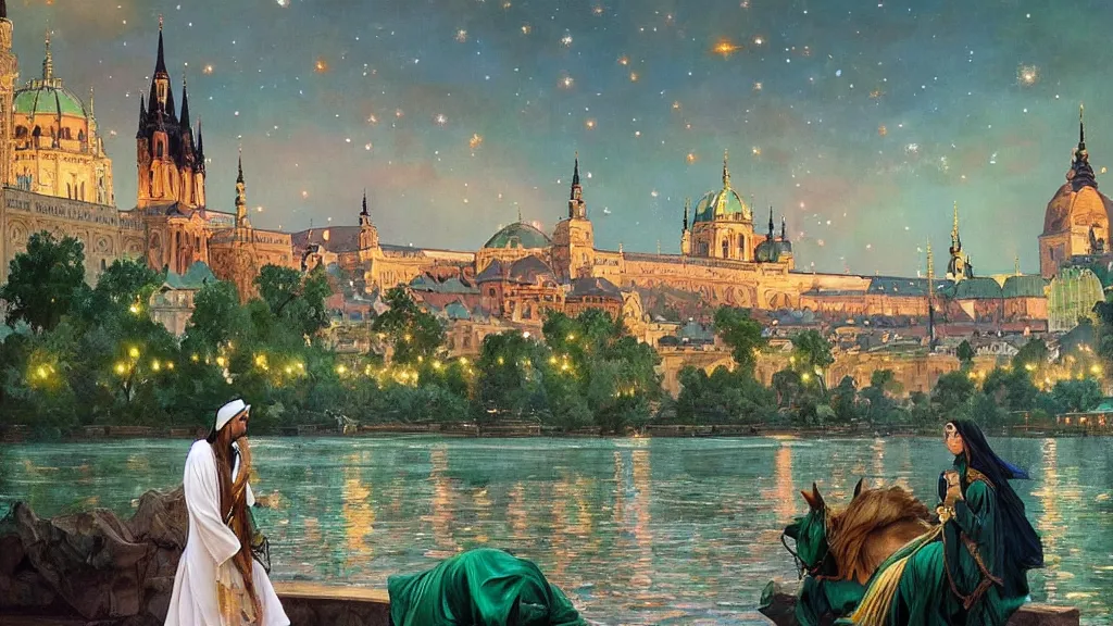 Image similar to a beautiful painting of a view from the river of an arabian prague palace made of green, polished semiprecious malachite marble and jade at night with a sky full of stars, intricate, elegant, highly detailed, digital painting, artstation, concept art, by krenz cushart and artem demura and alphonse mucha