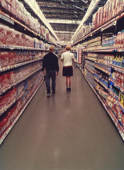 Image similar to first person view. walking through a costco in 1 9 9 7. blurry polaroid