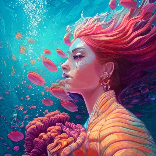 Prompt: coral underwater colorful, fantasy, intricate, highly detailed, digital painting, hd, trending on artstation, illustration, fine lines, sharp edges, colourful, attractive woman, swimming, style of stanley artgerm and greg rutkowski and dan mumford
