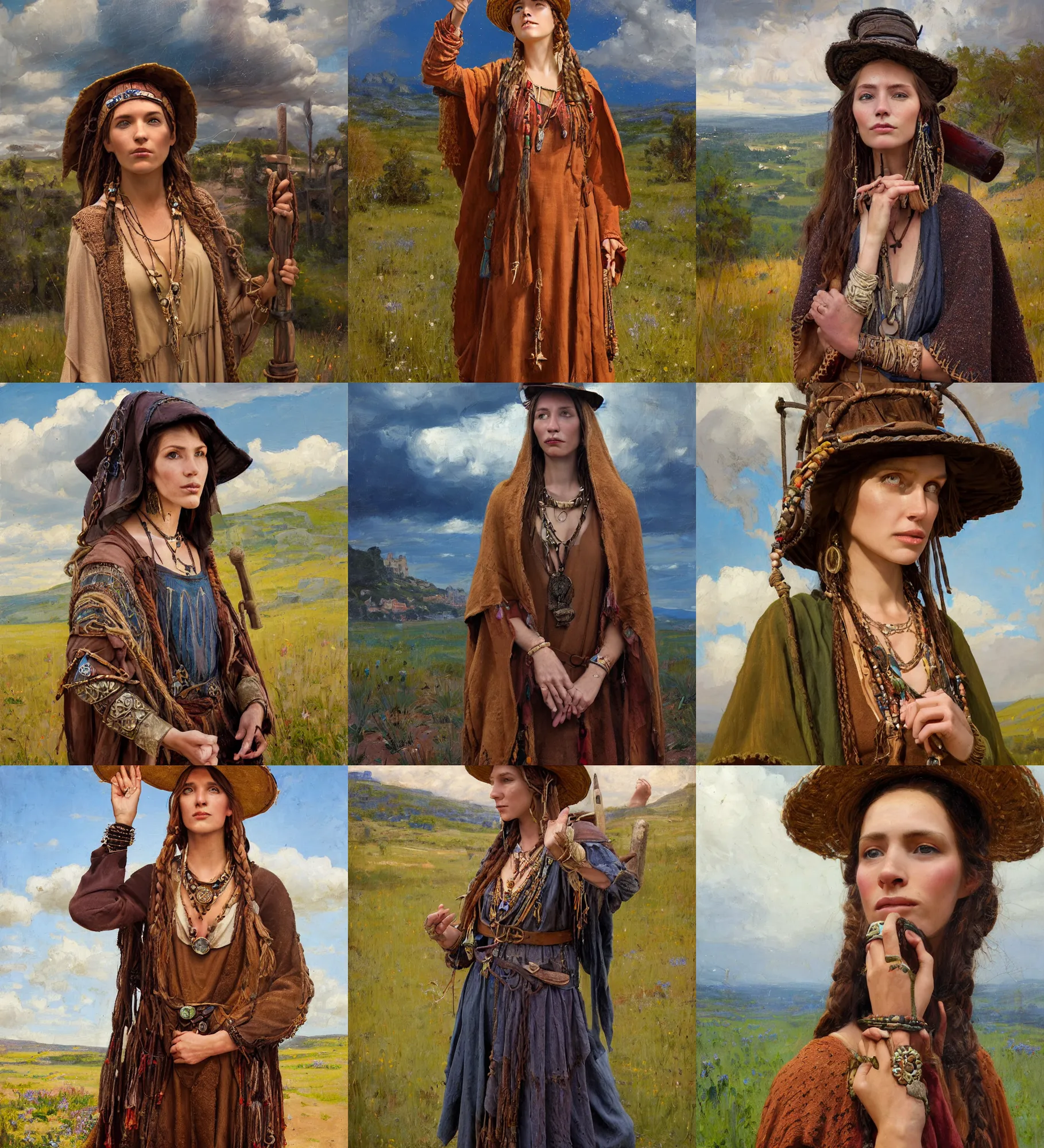 Prompt: portrait of medieval farmer fashionable young woman with wooden jewelry, mediterranean features, wearing rich jewerly hat and boho poncho, shaman witch, fantasy character close up portrait, standing pose, low view, thunder clouds in the sky, artwork by Jeremy Lipkin and Giuseppe Dangelico Pino and Michael Garmash and rob rey, levitation, industrial rusty pipes, simple form, brutal shapes