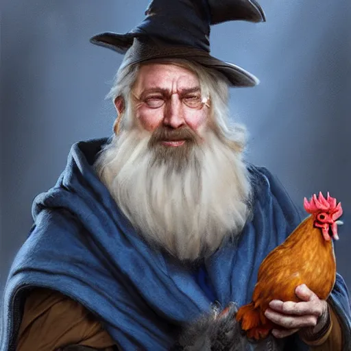 Image similar to a portrait of a wizard with his pet chicken by Johan Grenier, confused facial expression, blue robe, long beard, ArtStation, realistic, detailed