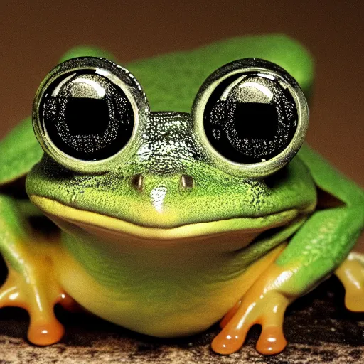 Prompt: frog with 3 eyes ponders holographic image of globe with evil smile, dark room