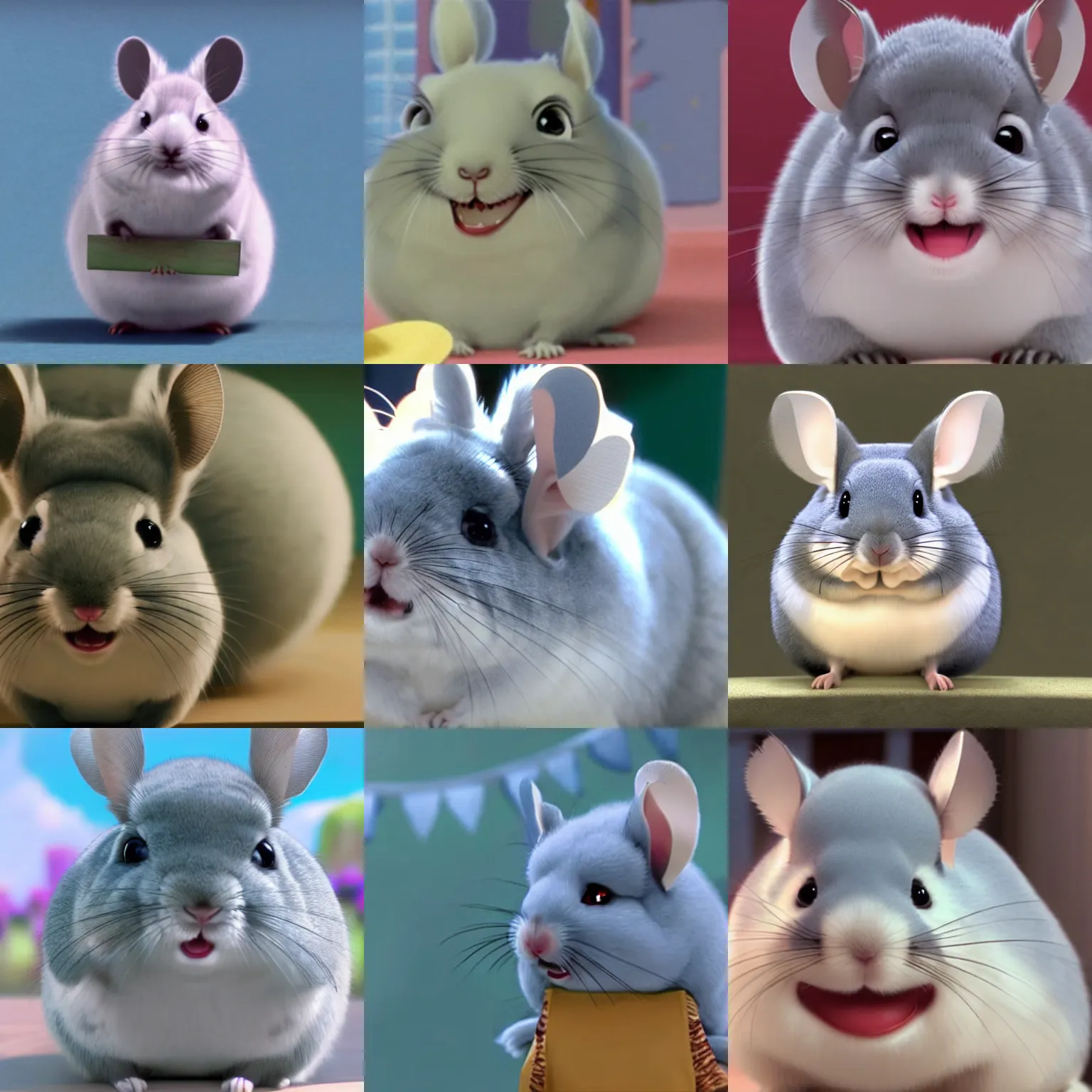 Prompt: wholesome animated film still of adorable chinchilla smiling